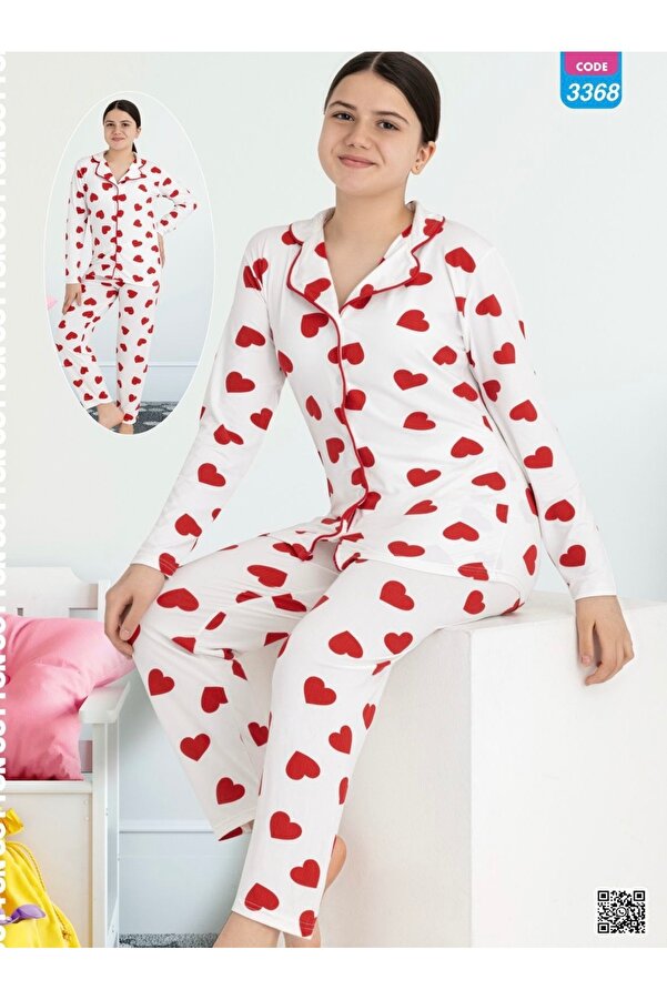 SANTRALBEBE Kız Çocuk Kalpli Önden Düğmeli Pijama Takımı