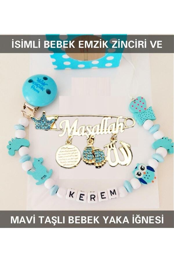 Sahi Aksesuar Isimli Bebek Emzik Zinciri Ve Mavi Taşlı Bebek Yaka Iğnesi
