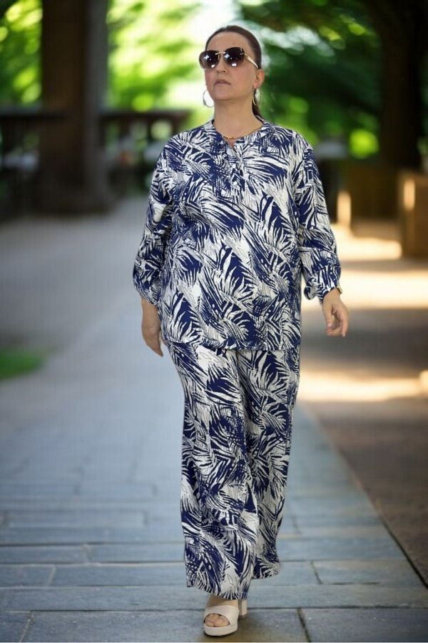 yagmurberen-Palm Print Front Half Buttoned Judge Collar Bluzel Belt Elastic Waist Trousers Large Size Double Set 1