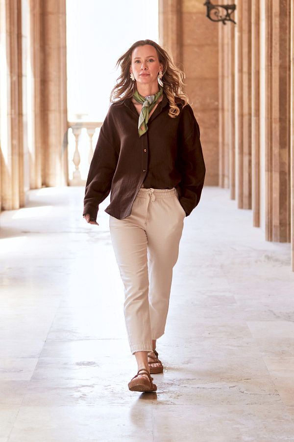 Fulla Moda-Linen Trousers - Tasseled Leg and Elastic Waist 1