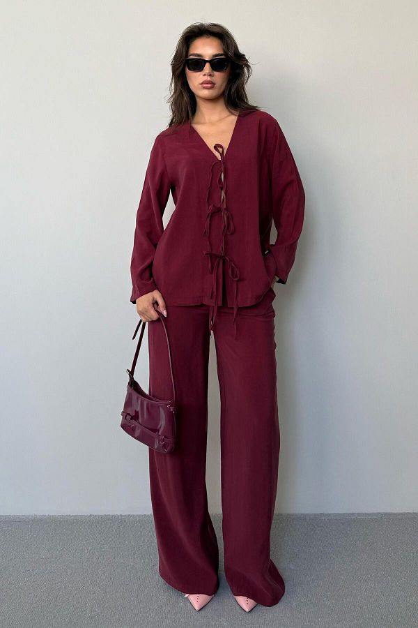 Madmext-Claret Red Front Tie-Up Bottom Top Set Mg2473 1