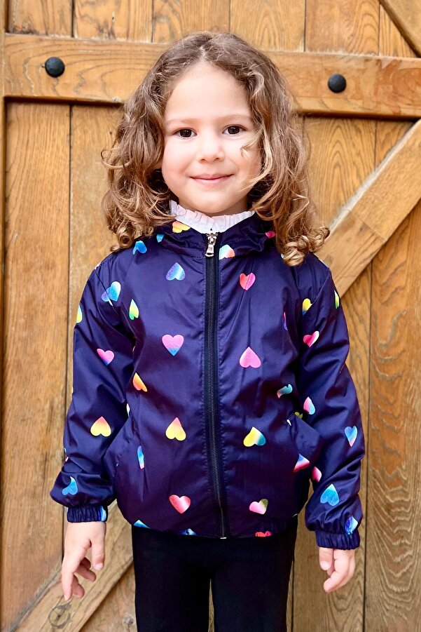 Breeze Kız Çocuk Yağmurluk Renkli Kalp Desenli 1-5 Yaş, Lacivert