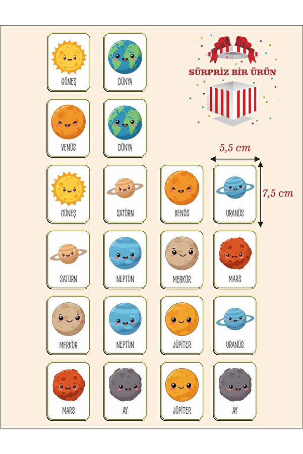 karbonsoft Zeka Kartları Ahşap Eğitici Hafıza Eşleştirme Oyunu Sevimli Gezegenler Oyuncak ( 5,5 x 7,5 CM)
