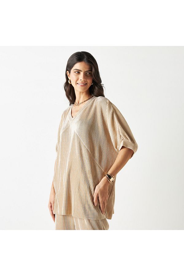 FAV-Textured Lurex Top with V-neck and Extended Sleeves 1