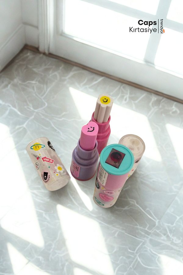 caps office-3Pcs Lipstick Shaped Eraser and Pencil Sharpener Set – Cute Design, Practical Use 1