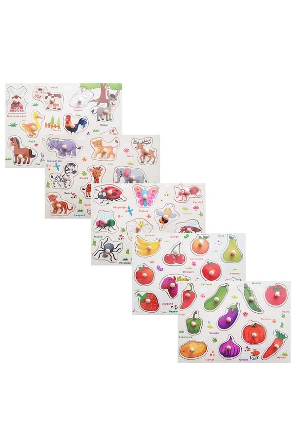 Picodino-Set puzzle lemn, 5 tablite incastru in limba romana, 49 piese, eduBebe, M1-113SET 1