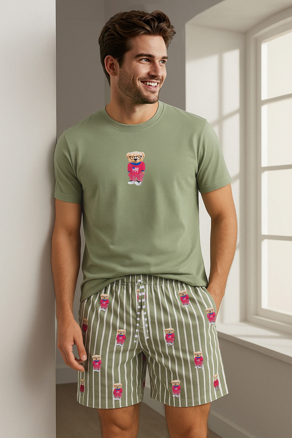 Trendyol Collection-Σετ Πιτζάμες Χακί Regular Fit - Πλεκτό Σορτς με στάμπα 1