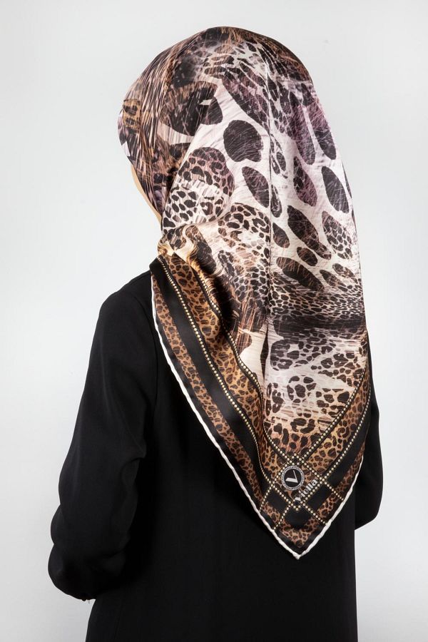VİOLLA-Twill Leopard Patterned Black Colored 90X90 Scarf (Does Not Contain Silk) Edge Stitching Shape Hand Stitched 1
