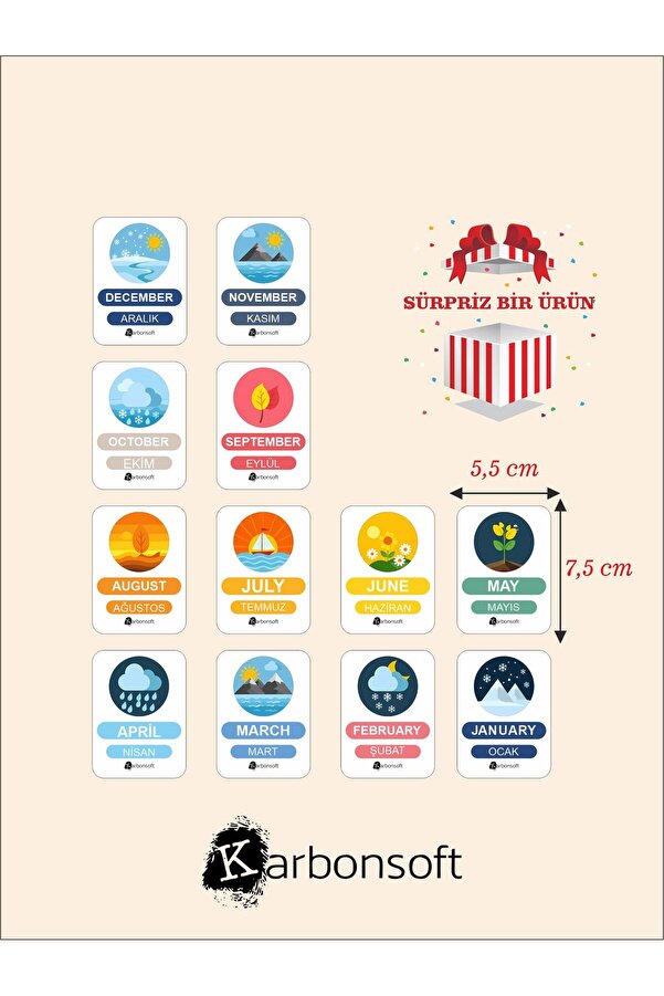 karbonsoft Ahşap İngilizce Türkçe Mevsim Kartları-Ingilizce Eğitim Seti Ingilizce Öğrenme Kartları Montessori