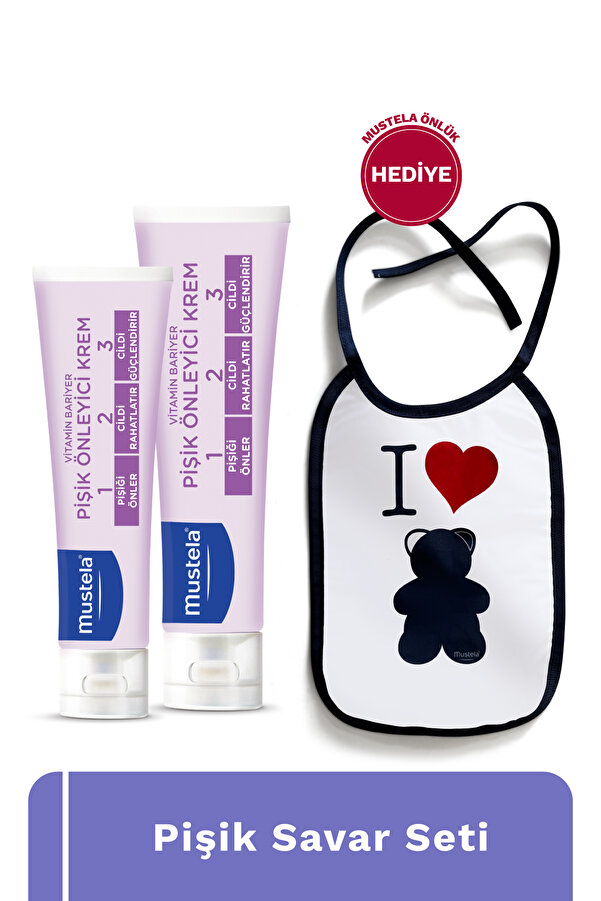 Mustela Önlük Hediyeli Pişik Savar Seti - Bebek Pişik Önleyici Doğal Kökenli Bakım Kremi 100ml + 50ml