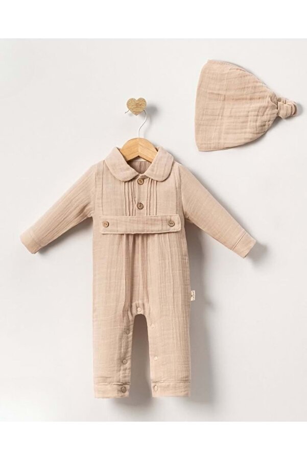 gültekin bebe Cayzen Düğmeli Erkek Müslin Tulum 1080211 - KREM