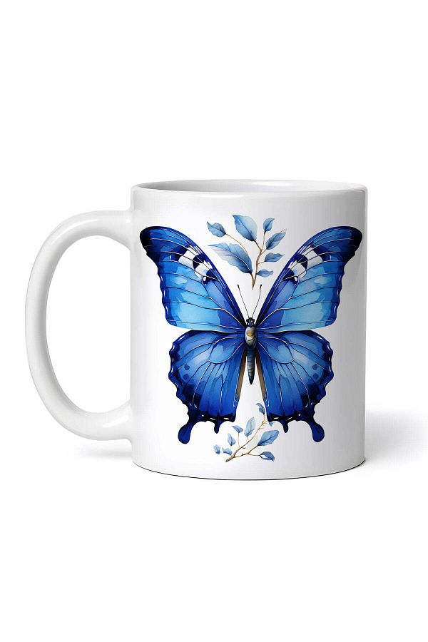 OEM-Cană albă personalizată, fluture albastru pe crenguțe cu frunze albastre, INOVATIX®. 330ml 1