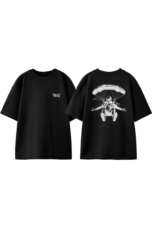 THEWERT-Parachuting Man Design Back Printed Cotton Black Oversize T-Shirt 1