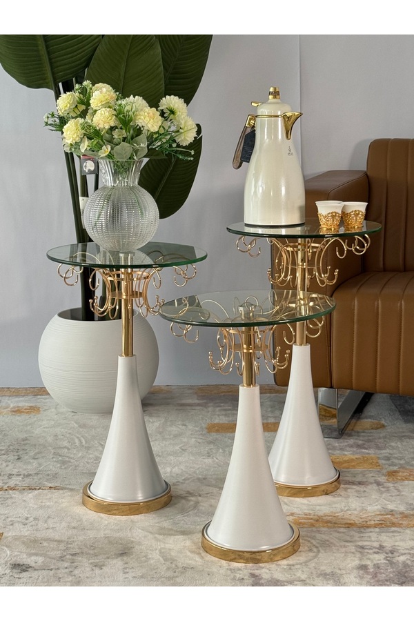 Living-A Set Of 3-piece Glass Service Tables With A White Steel Base 1