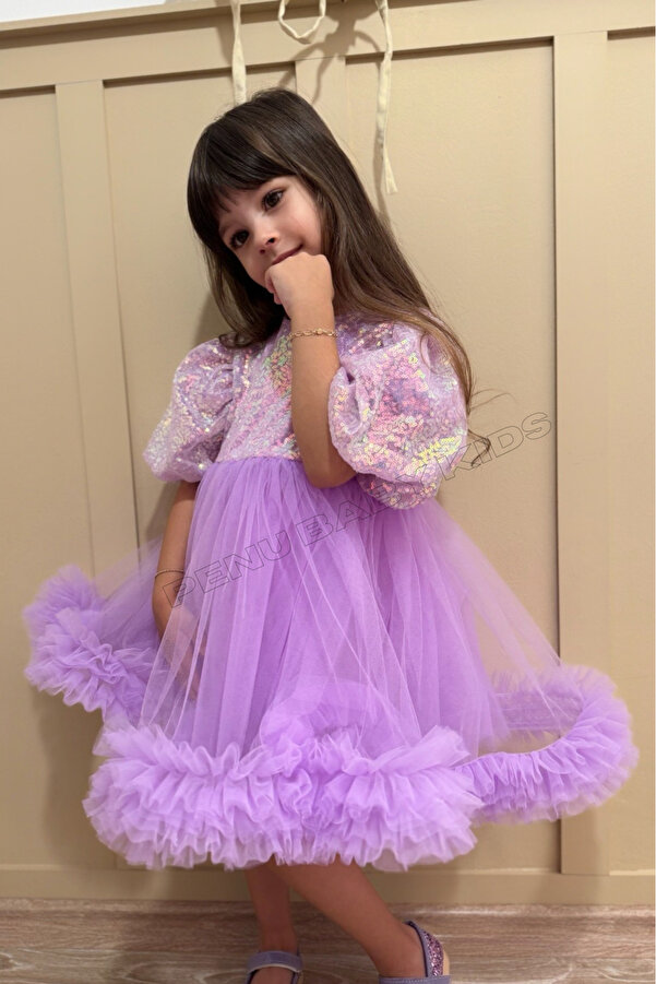 penu baby kids Lila Payet Detaylı Etek Ucu Fırfırlı Kız Çocuk Kız Bebek Abiye Elbise