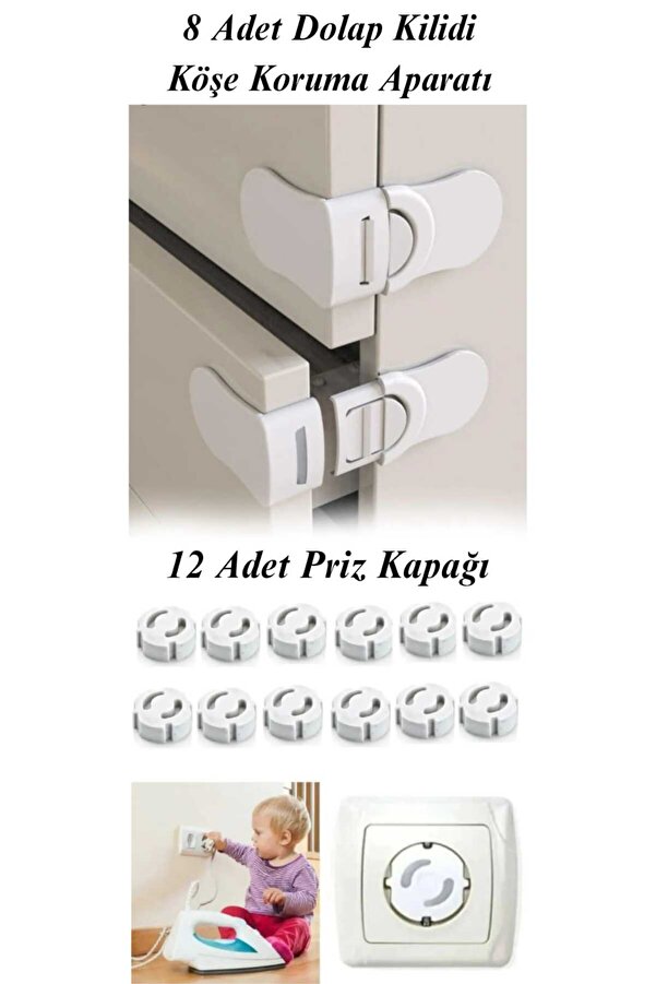 lawrenceshop 12 li Priz Kapağı Bebek ve Çocuk Priz Koruyucu + 8 li Bebek Çocuk Dolap Kilidi Köşe Koruma Aparatı