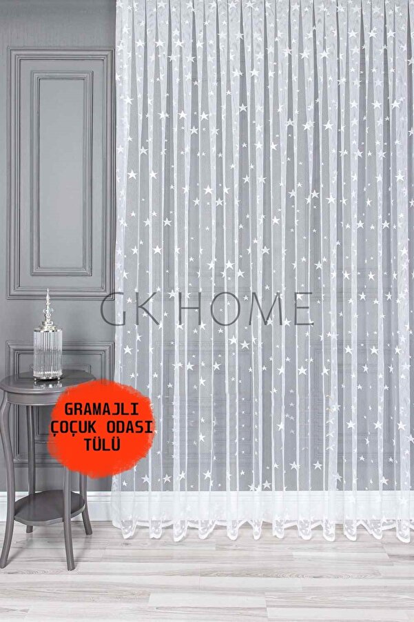 SAYDEMİR HOME Lüks Tül Perde Yıldız Desenli Çoçuk Odası Tülü SIK PİLE BEYAZ RENK