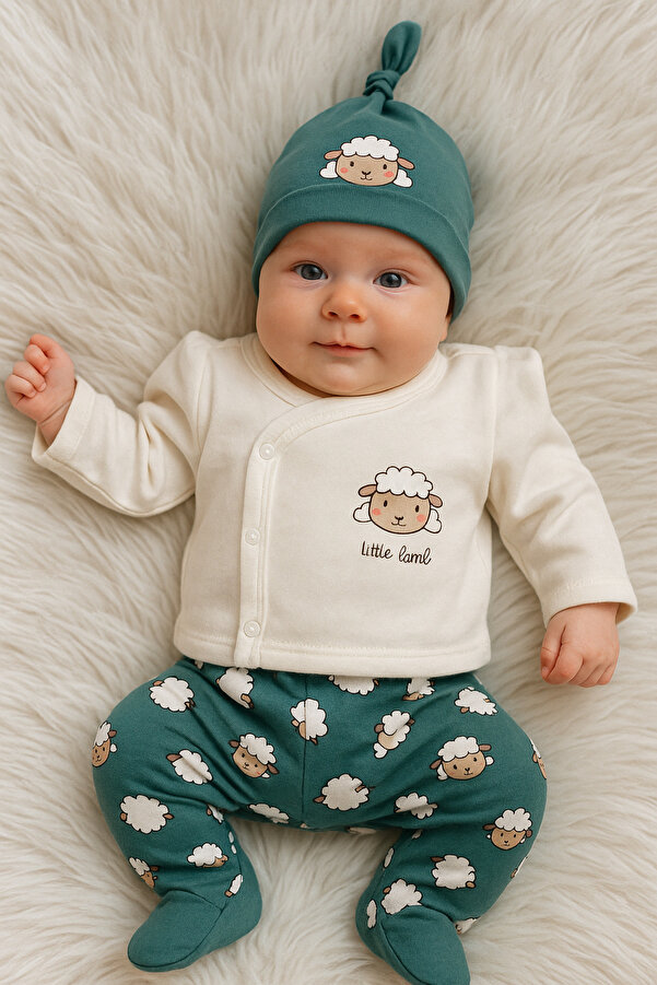 Linda Harris Sleepy Lamb Zümrüt-Ekru 5’li Yenidoğan Bebek Hastane Çıkışı Seti