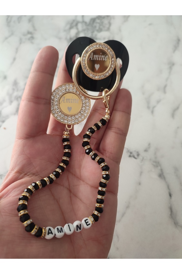 Sahi Aksesuar Isimli Siyah Taşlı Bebek Emzik Zinciri Ve Bebek Silikon Emzik Seti (0-6 AY) Bezyı1647