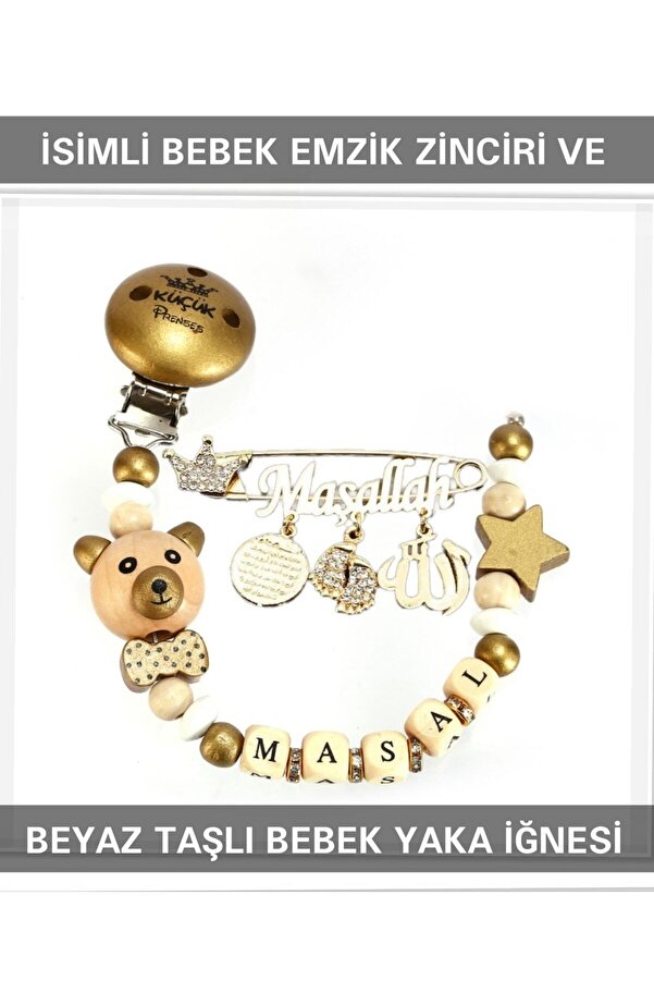 Sahi Aksesuar Sahi Aksesuar Isimli Bebek Emzik Zinciri Ve Beyaz Taşlı Bebek Yaka Iğnesi Bezyı012