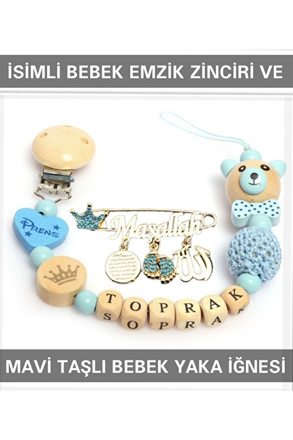 Sahi Aksesuar Sahi Aksesuar Isimli Bebek Emzik Zinciri Ve Mavi Taşlı Bebek Yaka Iğnesi Bezyı001