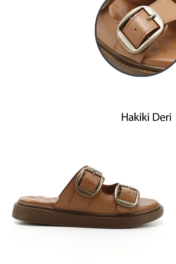GÖNDERİ(R)-Women / Girls Tan Buckle Genuine Leather Comfort Slippers 1