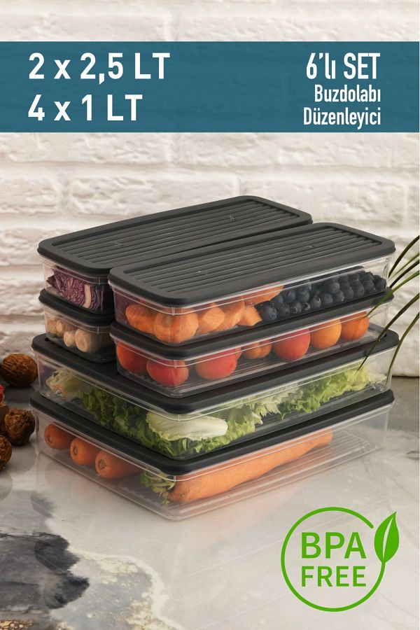 Leila-6 Pcs Anthracite Lid Storage Container, Suitable for Refrigerator Organizer Microwave and Freeze 9Lt 1