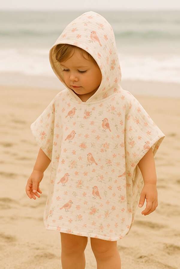 minial Organik Pamuk Müslin Kapşonlu Panço Plaj Deniz Banyo Çocuk Bebek Panço