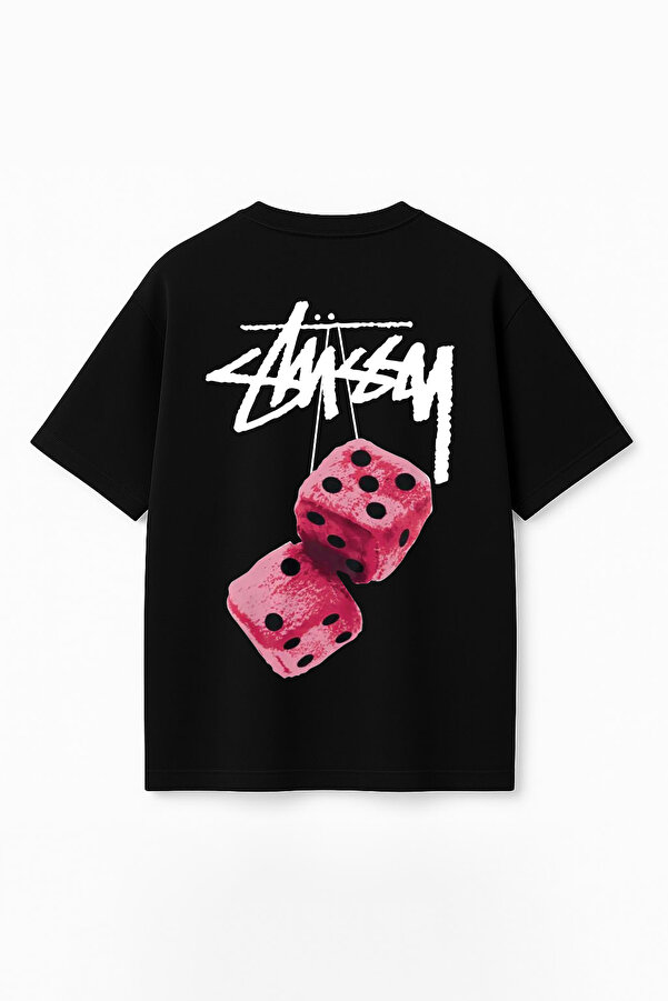 Unisex Stüssy Zar Baskılı Oversize %100 Pamuk Geniş Kesim Dokulu Bisiklet Yaka Siyah T-Shirt RF0511