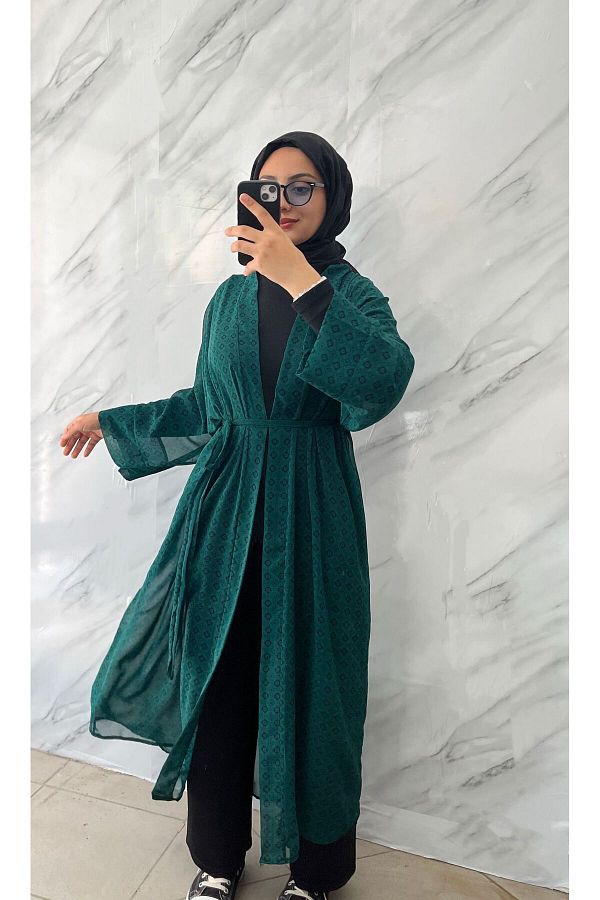 DİLEKBUTİK-Emerald Green Summer Chiffon Kimano 1