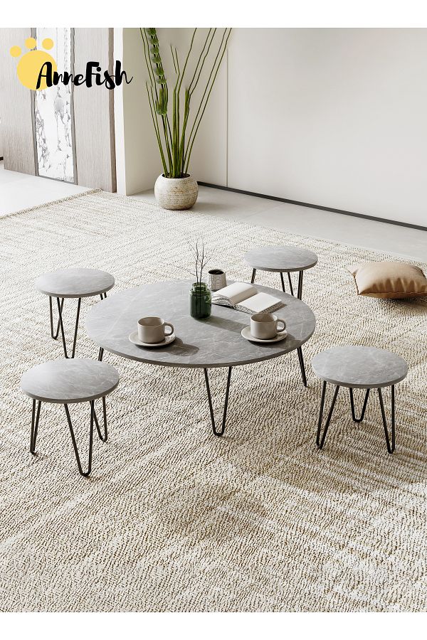 AnneFish-5pcs Floor Coffee Table Set Low Round Home Nesting Friends Gathering Table Set Of 5 Side Table 1