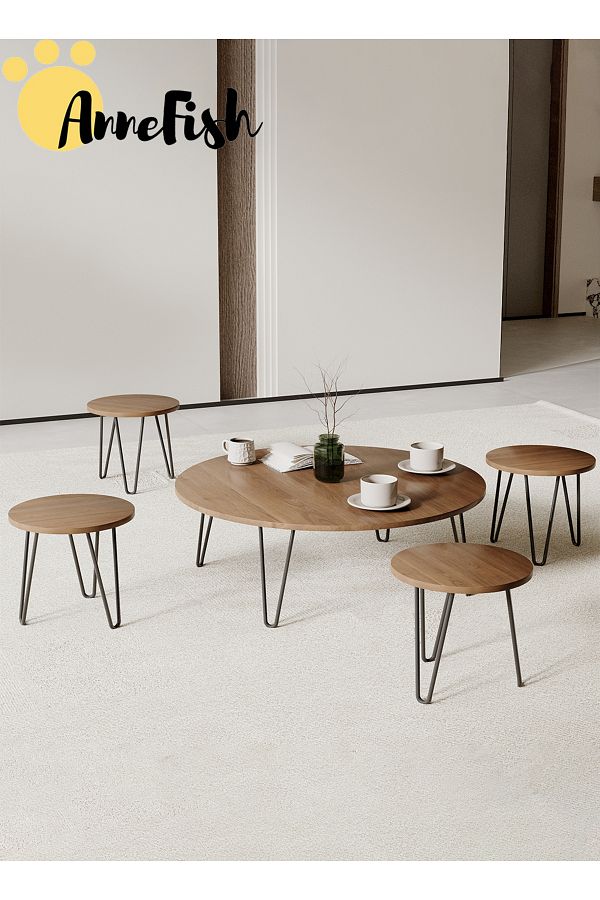 AnneFish-5pcs Floor Coffee Table Set Low Round Home Nesting Friends Gathering Table Set Of 5 Side Table 1
