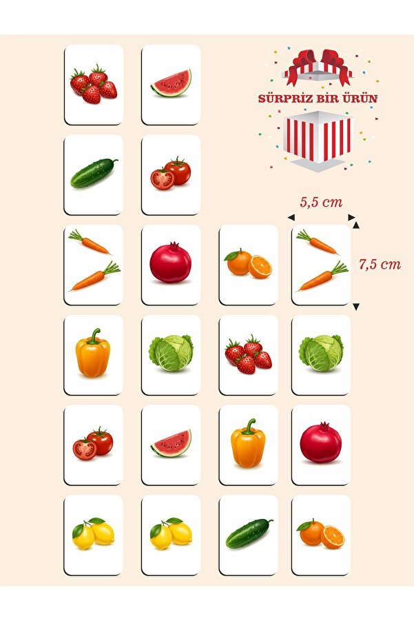 karbonsoft Zeka Kartları Ahşap Eğitici Hafıza Eşleştirme Oyunu Sevimli Meyveler Oyuncak ( 5,5 x 7,5 CM)