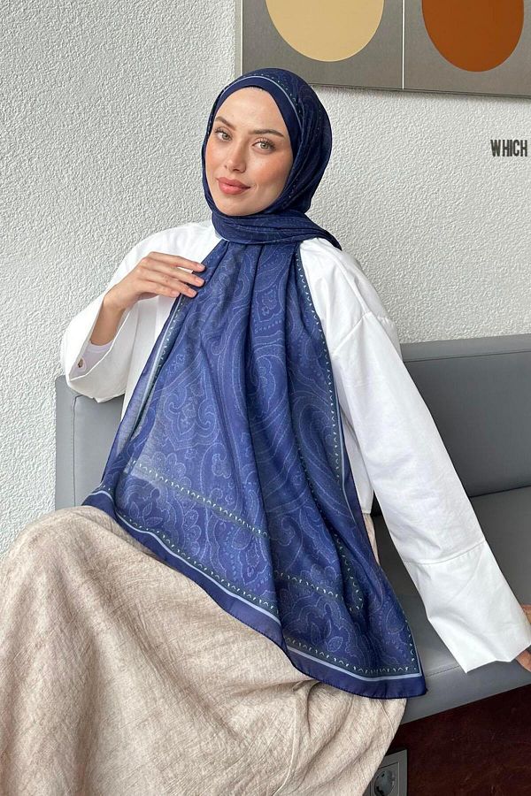 lamelif-Retro Pattern Soft Shawl Midnight Blue 1