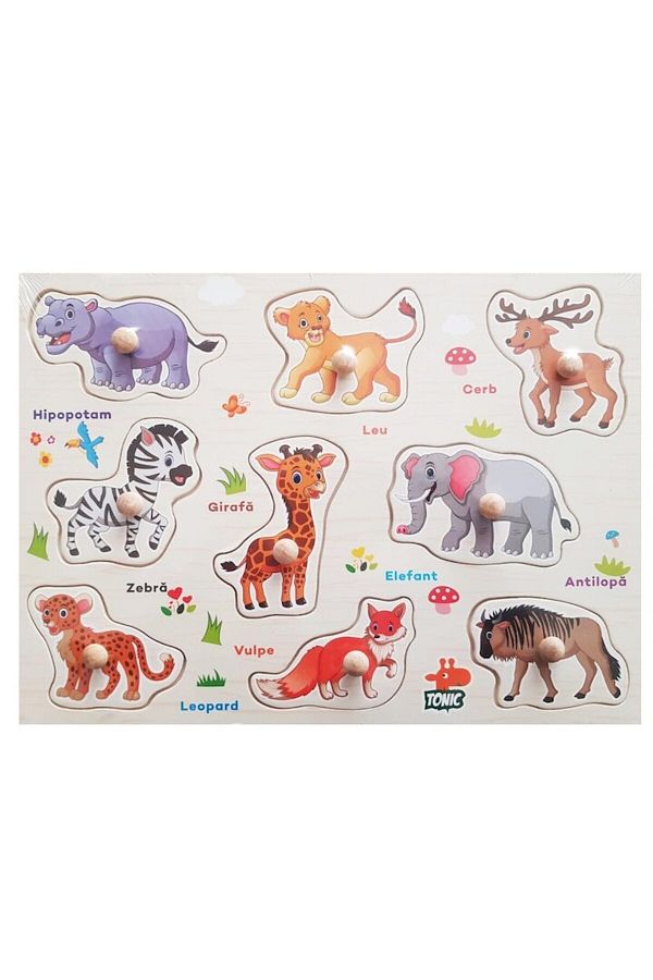 Picodino-Puzzle lemn, tablita incastru in limba romana, animale salbatice, 9 piese, eduBebe, M1-113AS 1