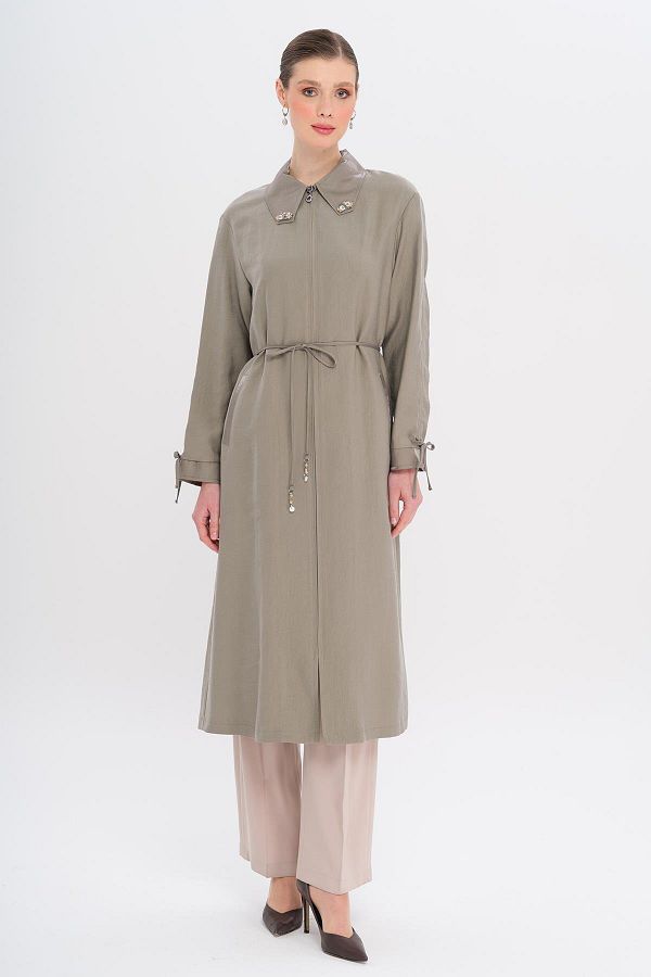 Olcay-Unlined Modal Cap with Beaded Collar and Drawstring Detail Gray 6751 1