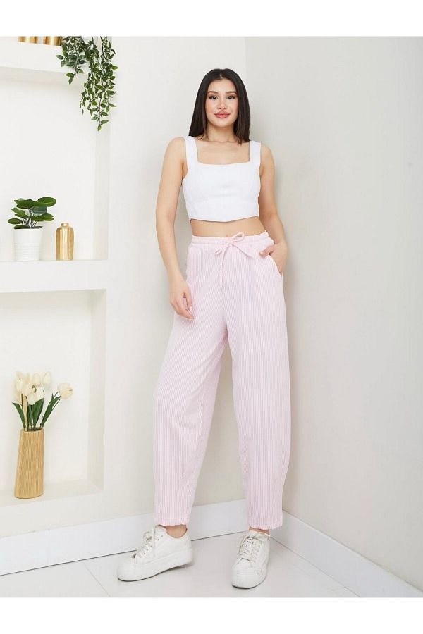 soBasic-Muslin Fabric Soft Textured Striped Jogger Shalwar Track Pants 1