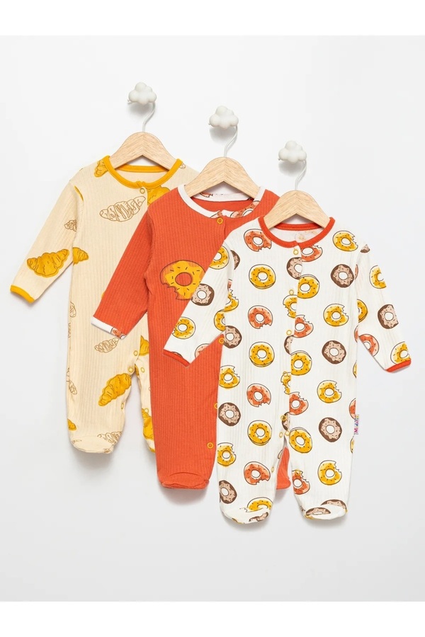 ENİA BABY Enia Baby Bebek %100 Pamuklu Çıtçıtlı Patikli Donut Temalı Tulum