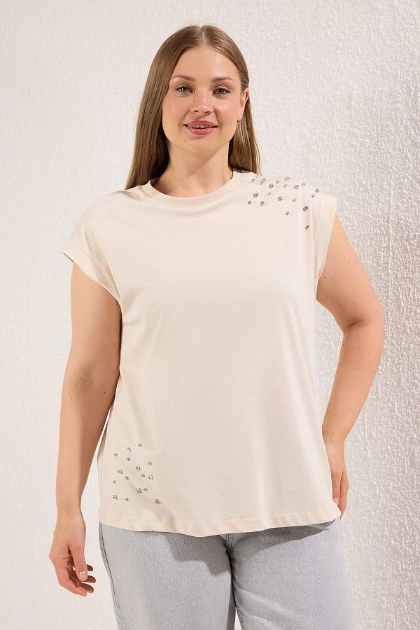Trendyol Curve-Beige Crew Neck Stone 100% Cotton Knitted T-Shirt Tbbss23Bf00041 1