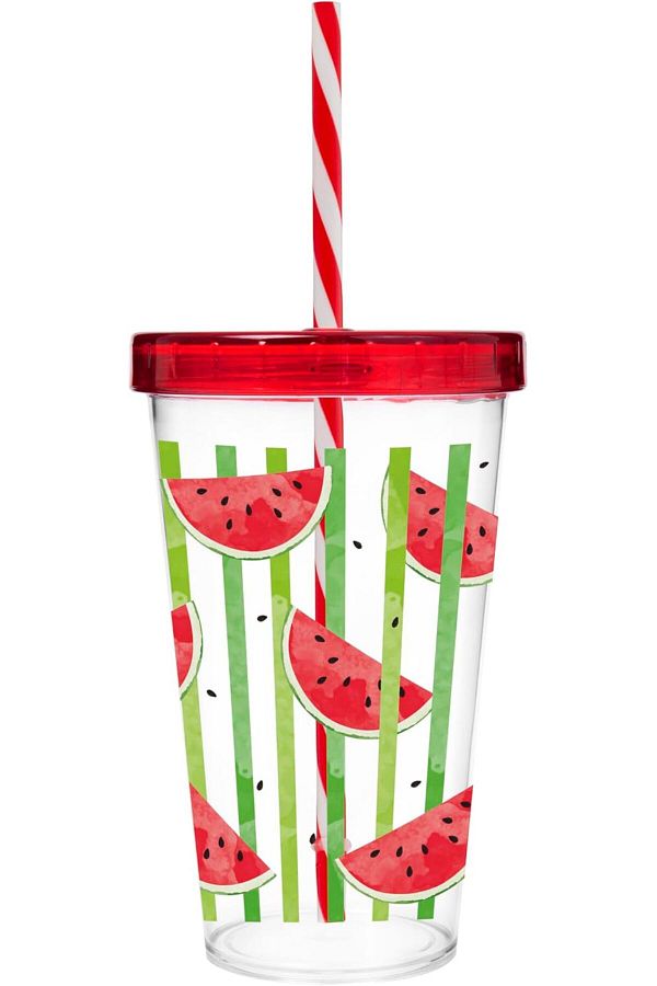 Generic-Solmazer Herevin 660ml Decorated Tumbler With Straw - Clear Cup with Slice Watermelon Design and Re 1