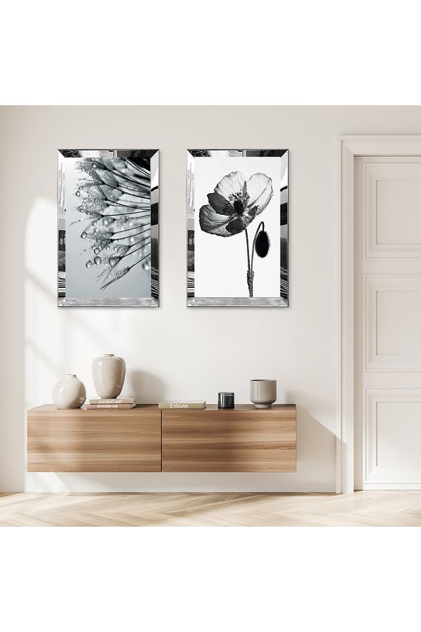 Zevahir Mobilya Dekorasyon-Gray Water Drops and Flowers Decorative Double Mdf Table Set with Silver Mirror Plexi Frame 1
