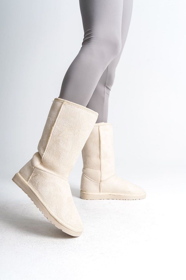 Joy Ayakkabı-Freya Laceless Flat Sole Sheepskin Suede Women's Boots Kt - Cream 1