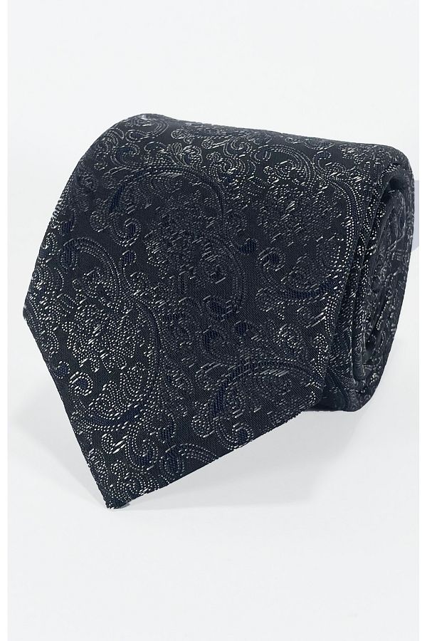 BLC Basic Line Co.-Microfiber Tie and Handkerchief Set with Navy Shawl Pattern on Black Background - 7 cm Modern Cut 1