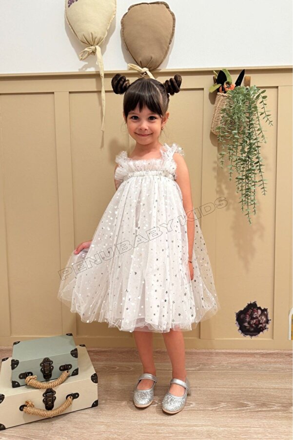 penu baby kids Beyaz Yıldız Baskılı Tül Fırfır Askı Kol Pamuk Astarlı Kız Çocuk Kız Bebek Elbise