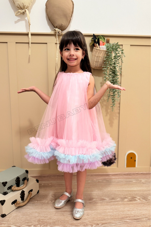 penu baby kids Pembe Jile Eteği 3 Şeritli Renkli Fırfırlı Tül Altı Saten Pamuk Astarlı Kız Çocuk Kız Bebek Elbise