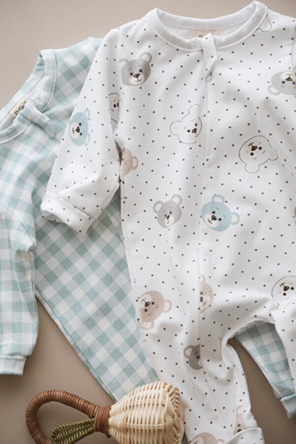 DoDo'S Baby %100 ORGANİK PAMUK 2 Lİ AYICIK VE MİNT EKOSE DESENLİ BEBEK UYKU TULUMU