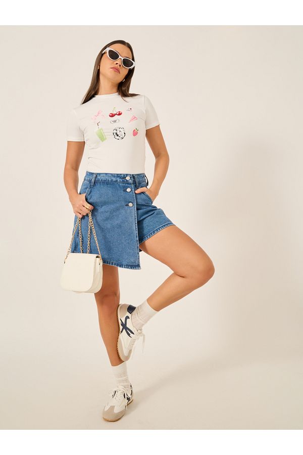 Styli-Plain Asymmetric Hem Denim Skort with Belt Loops 1