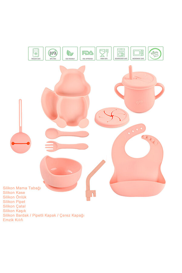 jojobebek Silikon Beslenme Seti Vakumlu Mama Tabağı Ve Kasesi, Önlük, Çatal Ve Kaşık, Bardak / Pembe