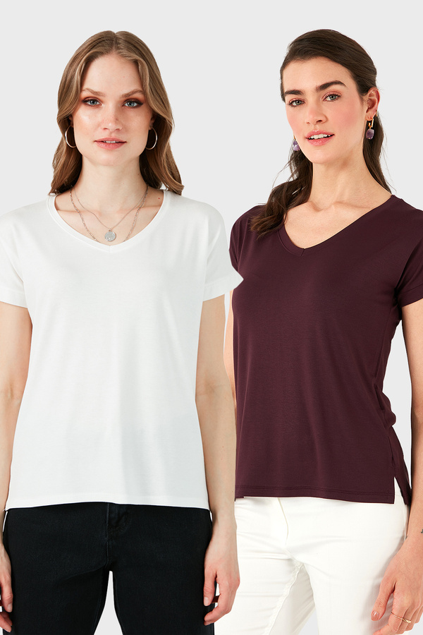 Lela-V-Neck Relaxed Fit Slit Detailed 2'Li Package Blouse Bluz 5862000S2 1