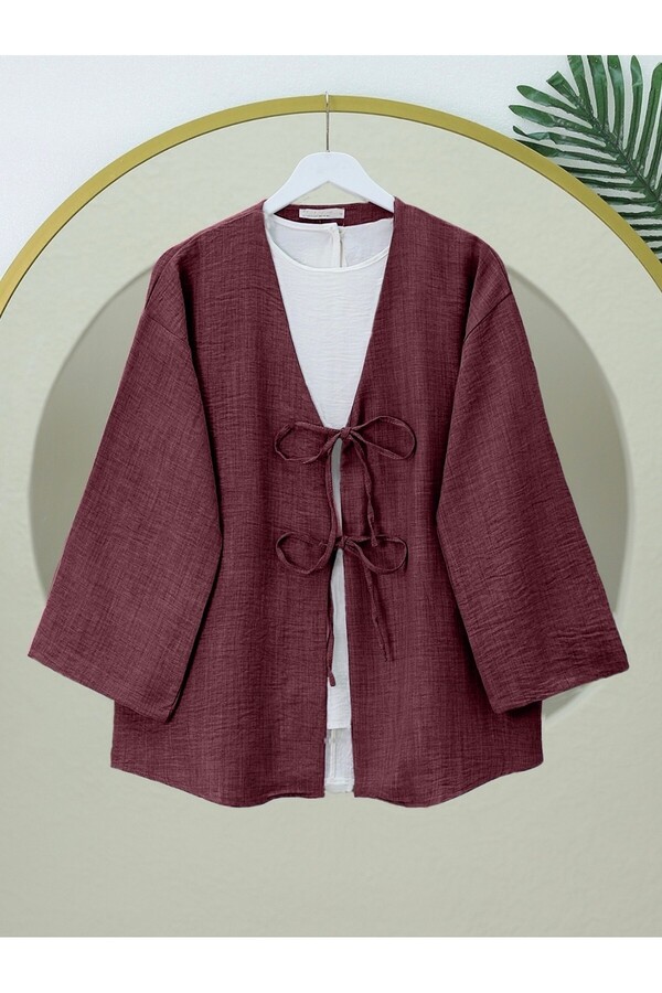 Modamorfo-Lace Front Linen Kimono - Burgundy 1